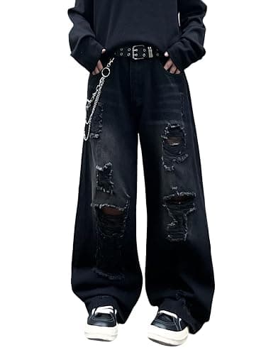 DFGIGT Hip Hop Baggy Jeans for Men with Hole Distressed Wide Leg Skater Jeans Loose Fit Denim Pants Streetwear - Image 1