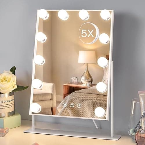 HIEEY Hollywood Vanity Mirror with 12 Dimmable Bulbs Lights, Three Color Lighting Modes, and 5X Magnification, Smart Touch Control, 360°Rotation (White,Gift Box) - Image 1
