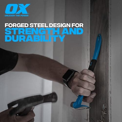OX Tools Unique Hammer Head 12" Pry Bar - Multi-Functional Tool with Cats Paw, Crowbar | Rubber Grip, Polished Beveled Claws - Forged Steel Design for Strength and Durability thumbnail 5