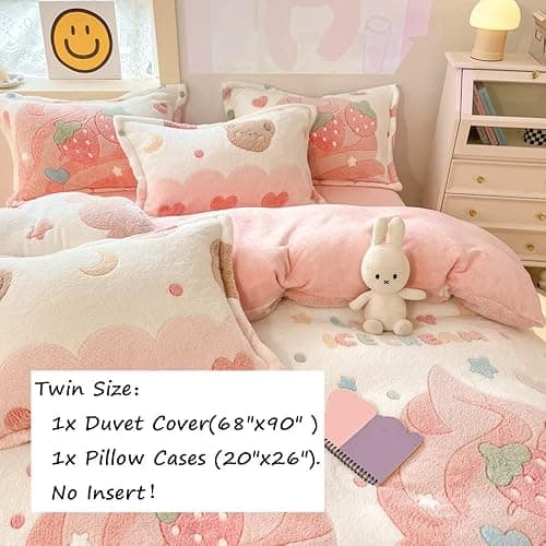 CinYana Pink Strawberry Duvet Cover Set Fluffy Kawaii Cartoon Comforter Cover Soft Kids Twin Size Bedding Set (Strawberry) thumbnail 3