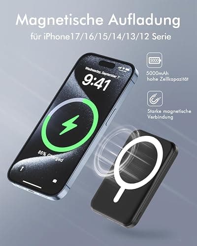 Podoru for Magsafe Powerbank iPhone 5000mAh,Powerbank mag-Safe mit Typ-C Kabel,Power Bank Magnetisch PD 20W Schnellladen,Powerbank mag-Safe für iPhone 17/16/15/14/13/12/All Series-Schwarz thumbnail 3