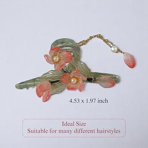 KEMMINTVN Colored Flowers Tassel Hair Claw Clips, Vintage Floral Hair Claw Clip, Orange Pearl Flower Design with Tassel, Large Flower Cross Metal Hair Clamps thumbnail 3