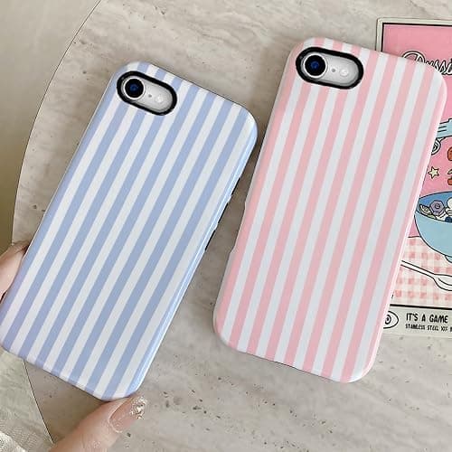 Compatible with iPhone SE /8/7 Cute Phone Case,Striped Aesthetic Pattern Design,Scratch Resistant Hybrid 2-Layer Shockproof Protective Cover for Girls Women-Pink thumbnail 4