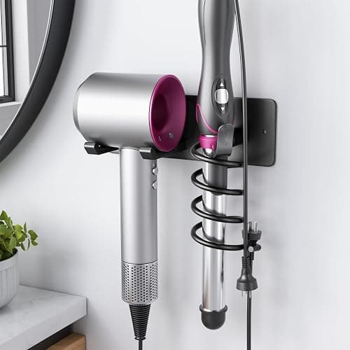 Tindbea Hair Dryer Holder + Curling Iron Holder,Blow Dryer Holder Wall Mount, Bathroom Hair Tool Organizer Rack for Universal Dryer Matte Black - Image 1