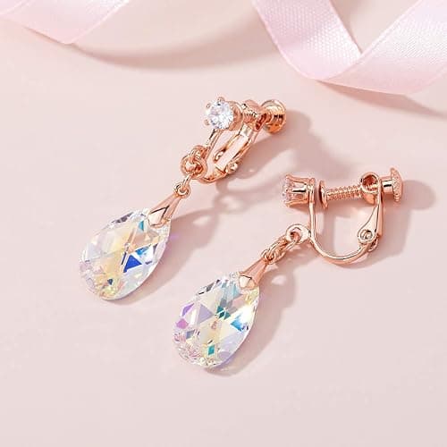 Teardrop Austrian Crystal Drop Clip On Dangle Earrings for Women Non Pierced 14K Rose Gold Plated Hypoallergenic Jewelry thumbnail 5