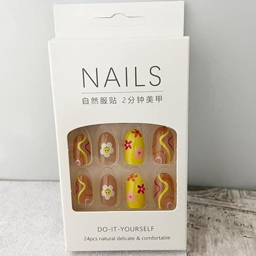 24 Pcs Flower Press on Nails Short, Almond French Tips Fake Nails Short Glue on Nails, Sun Flower False Nails with Glue Stickers, Cute Medium Length Acrylic Nail for Women thumbnail 6
