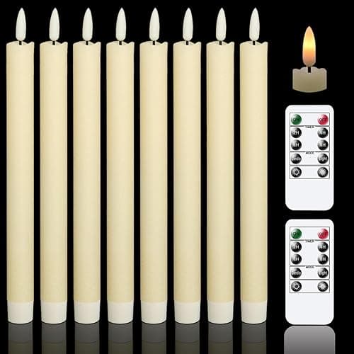 GenSwin Flameless Flickering Taper Candles with 2 Remote Controls and Timer, Real Wax 3D Wick Light Window Candles Battery Operated Pack of 8, Christmas Home Wedding Decor(Ivory, 0.78 X 9.64 Inch) - Image 1