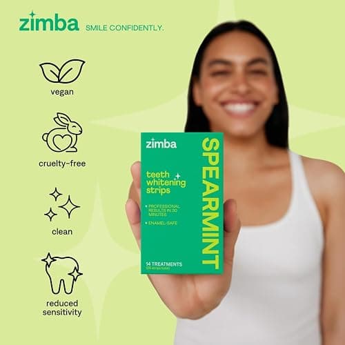 Zimba Spearmint Flavored Teeth Whitening Strips | Vegan, Enamel Safe Hydrogen Peroxide Teeth Whitener for Coffee, Wine, Tobacco, and Other Stains | 14 Day Treatment | Spearmint thumbnail 3