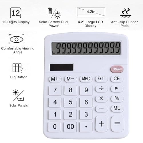 Office Desk Calculator, Cute Calculator for Kids, Basic Calculators Desktop, Dual Power Simple Financial Calculator with Big Button Large Display for Office Home and School (White) thumbnail 3