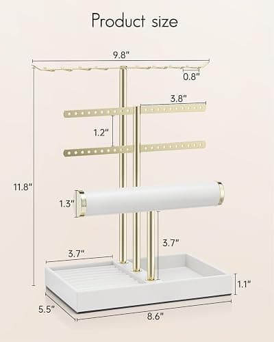 Vlando 3 Tier Jewelry Stand Organizer with Tary, Leather Jewelry Holder Display for Women, Gold Jewlery Holder Display for Necklace, Earring, Bracelet, Rings - White thumbnail 2