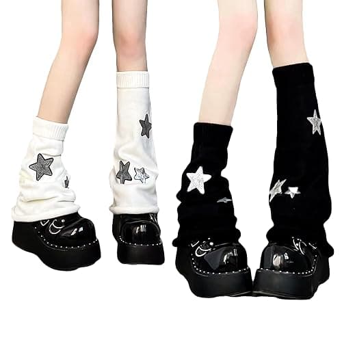 DUOJINSANXI 2Pcs Black White Leg Warmers for Girls Cute Leg Warmers Y2k Harajuku Knit Star Legwarmer Accessories for Women - Image 1
