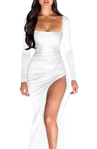 GOKATOSAU Women's Square Neck Long Sleeve Split Drawstring Bodycon Ruched Long Maxi Dress - Image 1