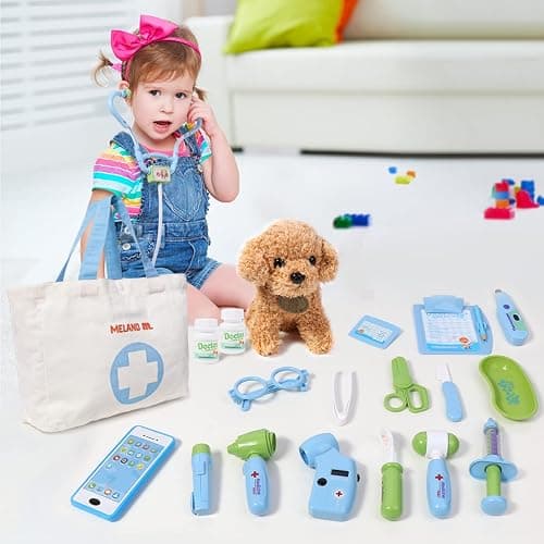 Meland Toy Doctor Kit for Kids - Pretend Play Doctor Set with Dog Toy, Carrying Bag, Stethoscope Toy & Dress Up Costume - Doctor Play Gift for Kids Toddlers Ages 3 4 5 6 Year Old for Role Play thumbnail 7
