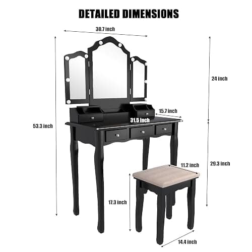 NEDYO Vanity Table, Vintage Vanity Desk with Mirror and Lights, Tri-Fold Mirror Small Makeup Vanity with Chair, Vanity Set for Bedroom and Small Spaces. Carbon Black thumbnail 2