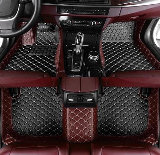 ZPXJSM Custom Floor Mats for Cars fit 95% Sedan SUV Sports Car Full Coverage All Weather Men Women Pads Protection Non-Slip Leather Floor Liners (Black Wine red Stitching) - Image 1