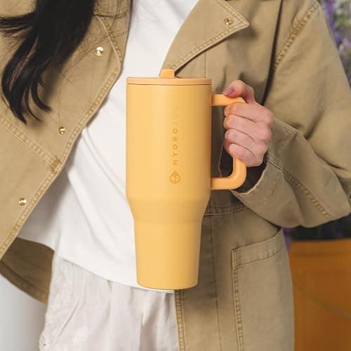 HydroJug Traveler - 32 oz Water Bottle with Handle & Flip Straw - Fits in Cup Holder, Leak Resistant Tumbler-Reusable Insulated Stainless Steel & Rubber Base - Gifts for Women & Men, Marigold thumbnail 2