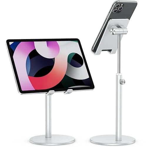 Cell Phone Stand, OMOTON Angle Height Adjustable Phone Stand, Aluminum Desktop Phone Holder Dock Stand for Desk, Compatible with iPhone 17 Pro Max, All Smartphones and Tablets(4-11''), Sliver - Image 1