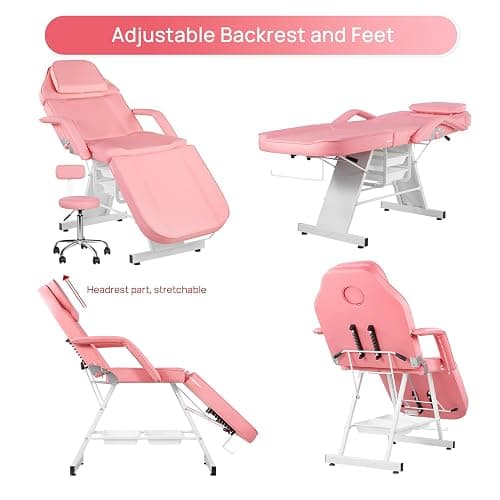 V VDLONSY Facial Chair Tattoo Chair 73inch Adjustable Massage Bed for Artist with Stool Facial Bed for Client Multipurpose Spa Chairs for Beauty Esthetician Pink thumbnail 5