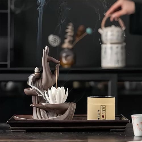 XINGZUAN Lotus Hand Backflow Incense Burner– Ceramic Cones Incense Holder Waterfall Incense Burner & Incense Waterfall Fountain for Zen Decor Backflow Incense Cone Burner thumbnail 4