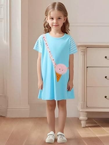 FreeLu Girls Cartoon Appliques Dress Cotton Summer Short Sleeve Dresses Casual Jersey Skirt thumbnail 7