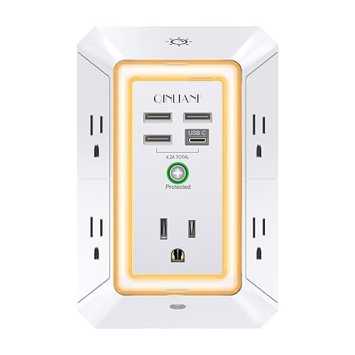 3-Sided Outlet Extender with Night Light - QINLIANF Multi Plug Outlet with 5 Outlets and 4 USB Ports(1 USB-C), USB Wall Charger for Home, Office, Travel, ETL Listed, White - Image 1