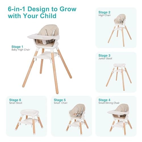 Komcot High Chair, 6 in 1 Convertible High Chairs for Babies and Toddlers | Wooden Baby High Chair, Toddler Highchair with Double Tray & Reversible Footrest, 5-Point Harness Baby Feeding Chair, Beige thumbnail 3