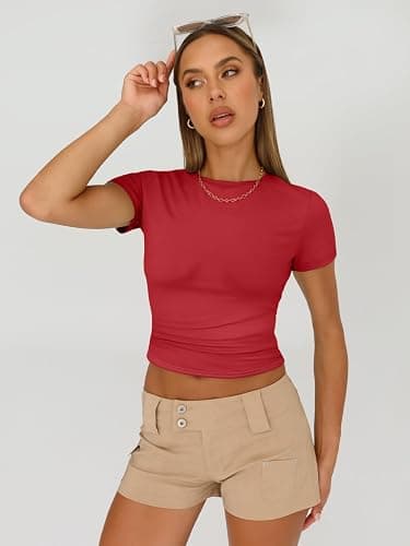 AUTOMET Women's 3 Pack Short Sleeve Shirts | Buttery Soft Slim Fitted Crop Tops, Stretchy Going Out Basic Tees for Summer, Layering & Everyday thumbnail 4