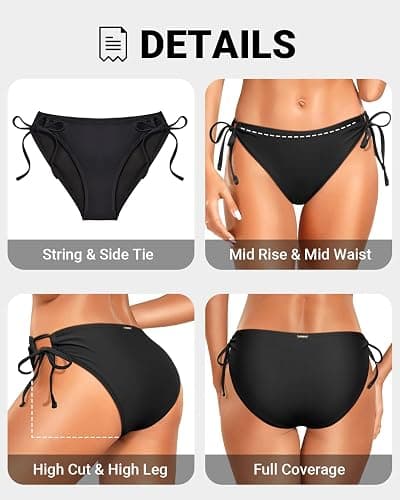Zmart String Tie Side Bikini Bottoms - Women Full Coverage Swimsuit Bottom Mid Rise Mid Waist Swim Bathing Suit Bottom thumbnail 3
