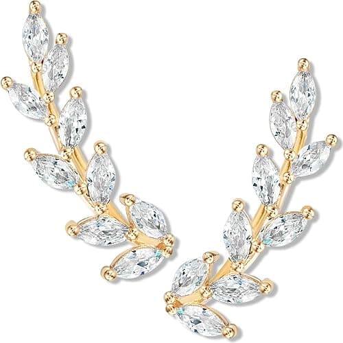 14K Gold or 925 Sterling Silver Plated Ear Crawler Earrings for Women - Crystal Leaf Ear Climber Earrings - Hypoallergenic, Safe for Sensitive Ears - Image 1