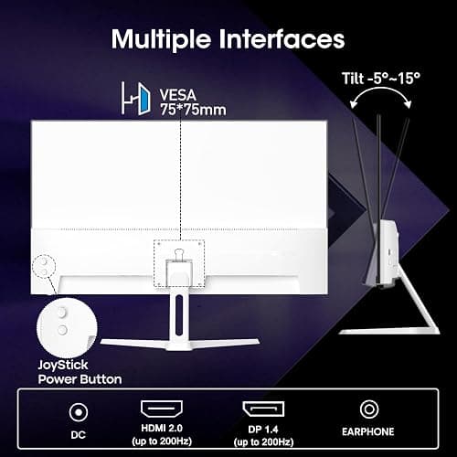 Amzfast 24 Inch Gaming Monitor 200Hz FHD 1080p Fast IPS Computer Monitor, 110% sRGB 1ms HDR Support Adaptive Sync, Eye Care VESA Mount HDMI 2.0 | Display Port 1.4 White Monitor, AMZG24X1W thumbnail 8