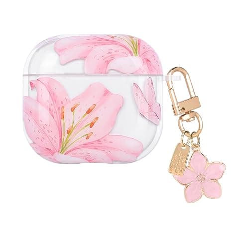 CameCosy Transparent Case Compatible for Airpods 4 Generation 2024 with Flower Pendant, Cute Cover with Pink Lily Flower Pattern for Girls, Protective Case in Shockproof Anti-Scratches Anti-Slip TPU - Image 1