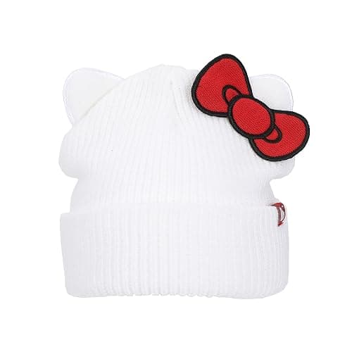 Hello Kitty Novelty Ear White Acrylic Beanie with Cut Fabric Bow with Embroidery and Red Woven Label Cuff Beanie thumbnail 6