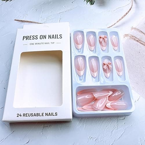 24pcs French Tip Press on Nails Medium Almond Fake Nails with Charms Designs Bow False Nails Stick on Nails Full Cover Glossy Artificial Nails for Women Girl Nail Decoration Supplies thumbnail 7