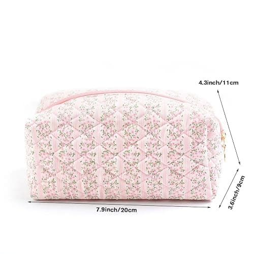 Makeup Bag Quilted,Cotton Cosmetic Pouch,Large Make Up Bag for Women,Cute Flower Travel Toiletry Bag Organizer Portable for Purse,Floral Pink thumbnail 3