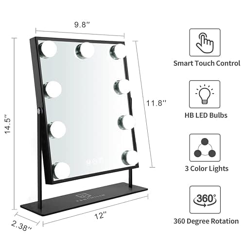 FENCHILIN Hollywood Mirror with Light 12.0W'' * 14.5L'' Lighted Makeup Mirror Vanity Makeup Mirror Smart Touch Control 3 Colors Dimable Light Detachable 10X Magnification 360°Rotation(Black) thumbnail 2