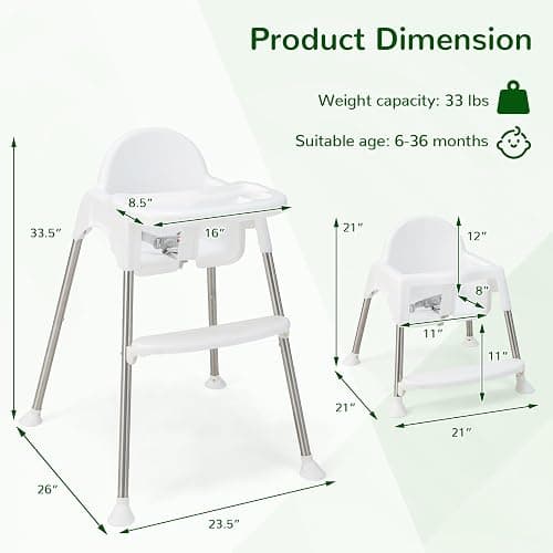 HONEY JOY Baby High Chair, 4 in 1 Convertible Highchair for Babies and Toddlers, Adjustable Legs, Double Removable Tray & Footrest, 3-Point Safety Harness for Infants Boys Girls (White) thumbnail 2