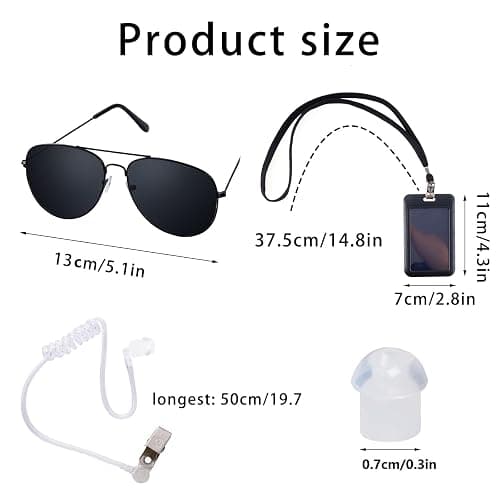 phnydreg 8Pcs Agent Costume Accessory Set Secret Security Guard with Adjustable Zipper Ties Black Sunglasses Earpiece and ID Card for Men Boys Halloween Cosplay Party thumbnail 2