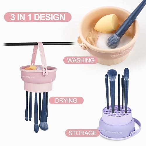 Ranphykx Makeup Brush Cleaner Mat 3 in 1 Silicone Makeup Brush Cleaner Bowl Cosmetic Brushes Cleaning Tool Makeup Cleaner for Brushes (KHAKI) thumbnail 4