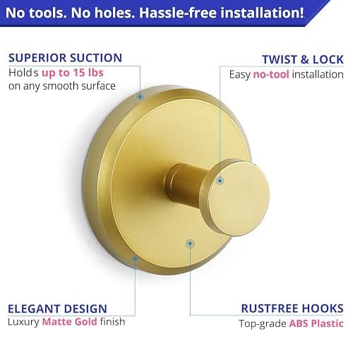 HOME SO Suction Cup Hooks for Shower, Bathroom, Kitchen, Glass Door, Mirror, Tile – Loofah, Towel, Coat, Bath Robe Hook Holder for Hanging up to 15 lbs – Waterproof, Matte Brushed Satin Gold (2-Pack) thumbnail 5