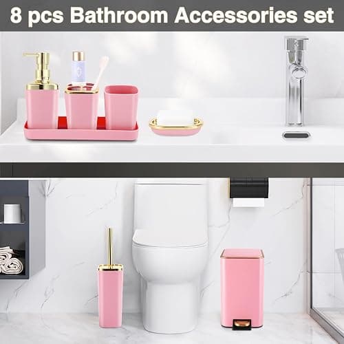 XLHOMO Pink Bathroom Accessories Set 8 Piece Pink and Gold Bathroom Set, Bathroom Sets with Stainless Steel Trash Can,Toilet Brush,Toothbrush Set,Soap Dispenser thumbnail 8