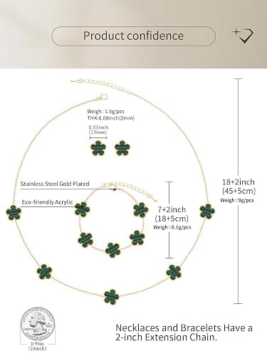 Qinpan Five Leaf Clover Necklace Bracelet and Stud Set for Women Lucky Flower Gold Plated Jewelry thumbnail 3