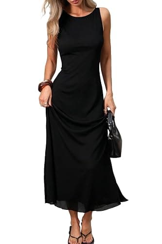 ELLEVEN Women’s Polka Dot Maxi Tank Dress, Sleeveless Boat Neck Bodycon Slim Fit Elegant Long Dress - Image 1