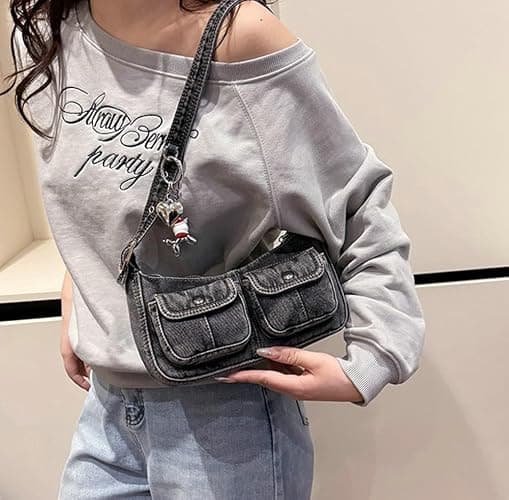 Y2K Denim Purse for Women Vintage Shoulder Bag Small Top Handle Clutch Punk Underarm Handbag with Multiple Pockets 2025 thumbnail 4
