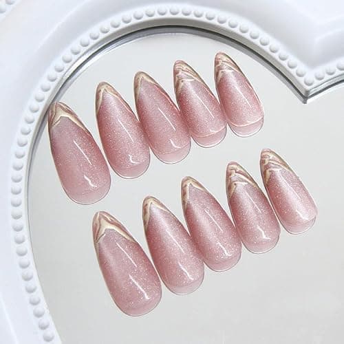KQueenest Glitter Pink French Tip Press On Nails Almond, 30 Pcs Cat Eye Press On Nails with Gold Swirls, Bling Sparkly Fake Nails With Glue, Luxury Reusable Stick on Nail for Women Gift thumbnail 5