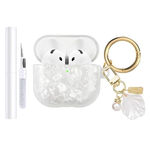 AIIEKZ Compatible with AirPods 4 Case Cover 2024,Soft TPU with Shell Pattern for AirPods 4th Generation Case with Pearl Shell Keychain and Cleaning Kit for Girls Women (White) - Image 1
