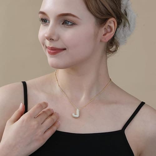 Apsvo Letter Necklace Gold, A-Z Balloon Initial Necklaces Rhinestone Puff Letter Pendant Chunky Alphabet Necklace for Women thumbnail 5