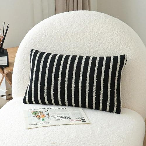 Jonhier Black Striped Lumbar Boho Throw Pillow Cover, Modern Boucle Textured Rectangle Pillowcase for Sofa Couch Bed, Neutral Farmhouse Accent Decorative Cushion Cover for Living Room, 12 x 20 inch thumbnail 2