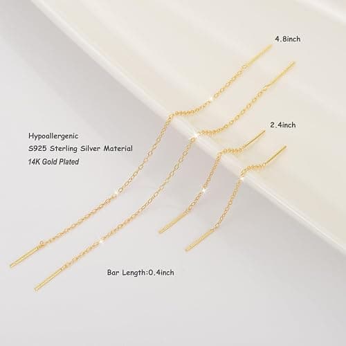 Chain Threader Earrings Dangle for Women Sterling Silver 925 | 2 Pairs Hypoallergenic and Versatile Pull Through Thread Dangly Earrings Woman 14K Gold Plated Silver (2.4" / 4.8") thumbnail 3