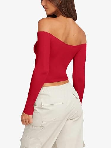 LASLULU Womens Sexy Off The Shoulder Long Sleeve Workout Tops Strapless T Shirts Crop Top Casual Fall Outfits thumbnail 4