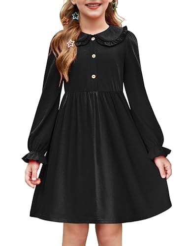 Arshiner Girls Long Sleeve Dress Fall Winter Ruffle Peter Pan Collar Front Button Casual Cotton Dresses - Image 1
